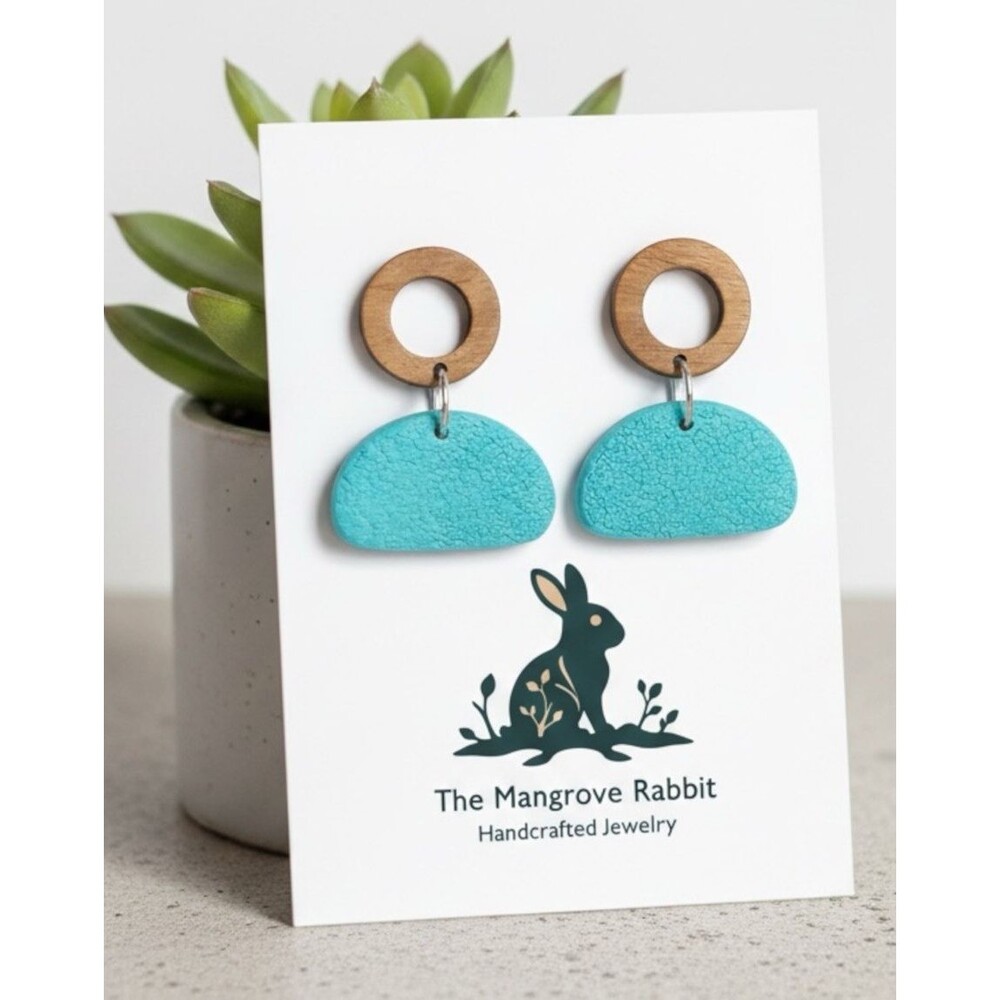 Blue & Brown Textured 2 PC Handmade Dangle Polymer Clay Earrings Stainless Posts